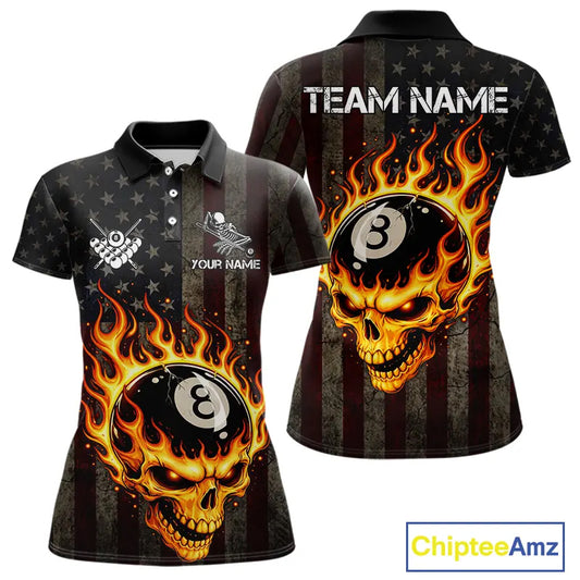 Vintage American Flag Skull Flame Billiard Shirt For Women Custom Patriotic 8 Ball Pool Team Jersey TDM5545