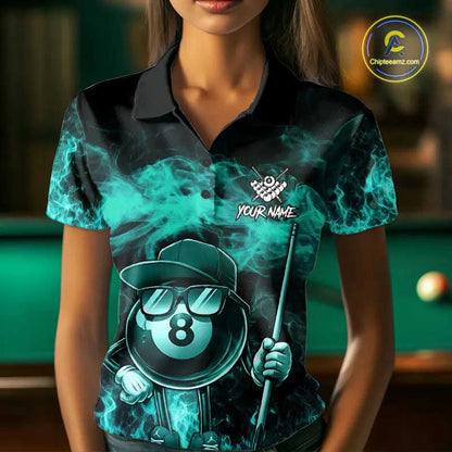 Turquoise Funny 8 Ball Pool Flame Smoke Billiard Shirt For Women Custom Billiard Team Jersey  TDM5547