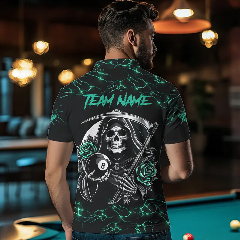 Turquoise Funny Grim Reaper Roses 8 Ball Pool Men Billiard Shirts Custom Thunder Billiard Jersey TDM3630