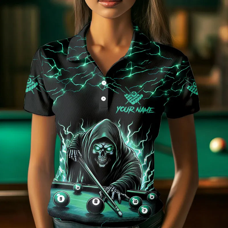 Turquoise Funny Grim Reaper Roses 8 Ball Pool Women Billiard Shirts Custom Thunder Billiard Jersey TDM3630