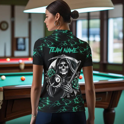Turquoise Funny Grim Reaper Roses 8 Ball Pool Women Billiard Shirts Custom Thunder Billiard Jersey TDM3630