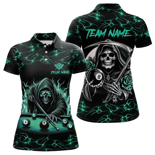 Turquoise Funny Death Skeleton Roses 8 Ball Pool Women Billiard Shirts Custom Thunder Billiard Jersey TDM3630