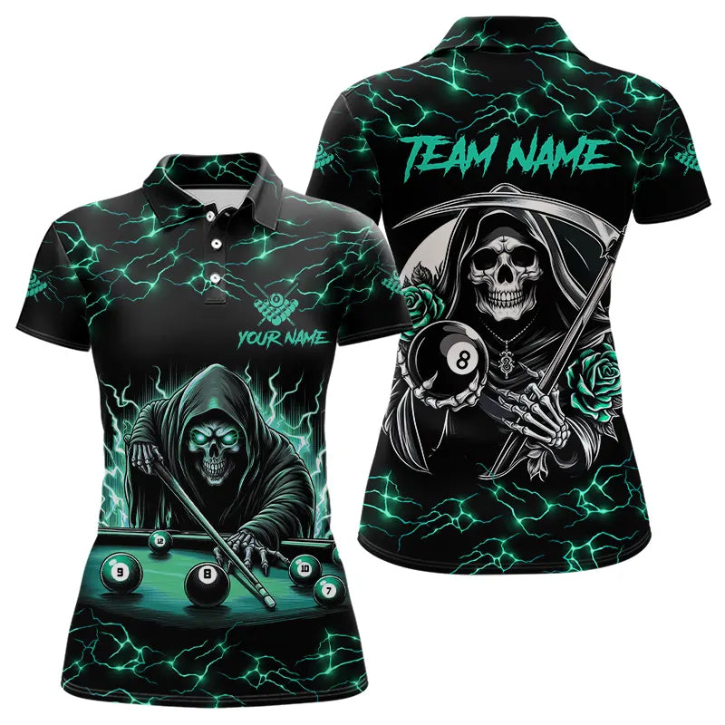 Turquoise Funny Death Skeleton Roses 8 Ball Pool Women Billiard Shirts Custom Thunder Billiard Jersey TDM3630
