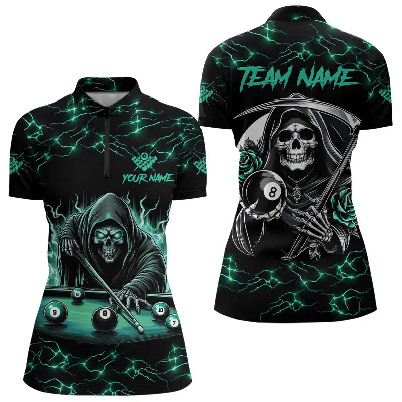 Turquoise Funny Grim Reaper Roses 8 Ball Pool Women Billiard Shirts Custom Thunder Billiard Jersey TDM3630