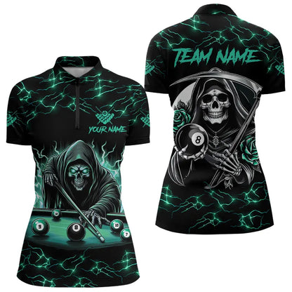 Turquoise Funny Grim Reaper Roses 8 Ball Pool Women Billiard Shirts Custom Thunder Billiard Jersey TDM3630