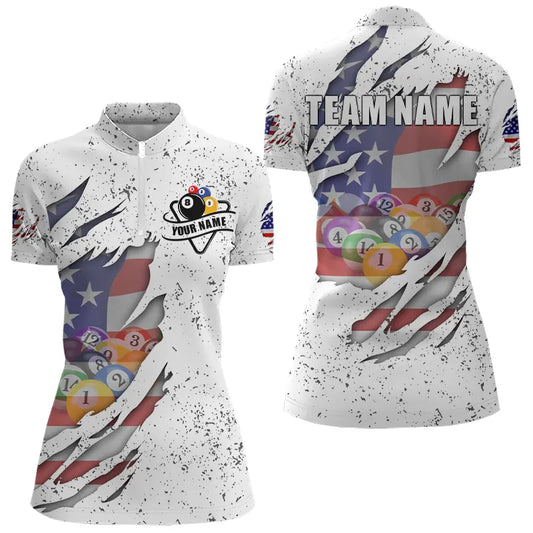 Personalized Grunge White American Flag Billiard Shirts For Women Custom 8 Ball Pool Billiard Jersey TDM3635
