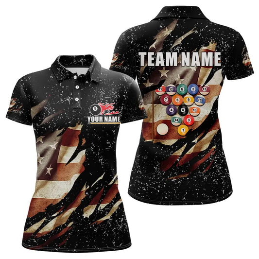 Billiard Ball Retro US Flag Black Grunge Billiard Shirt For Women Custom 8 Ball Pool Billiard Jersey TDM3637