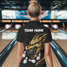 Load image into Gallery viewer, Black And Gold Custom Dragon Bowling Shirt For Women, Bowling Team Jersey Polo &amp; Quarter Zip TDM6165