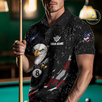 Black Grunge US Flag Eagle Billiard Shirt For Men Custom 8 Ball Pool Team Jersey Polo & 1/4 Zip TDM6404