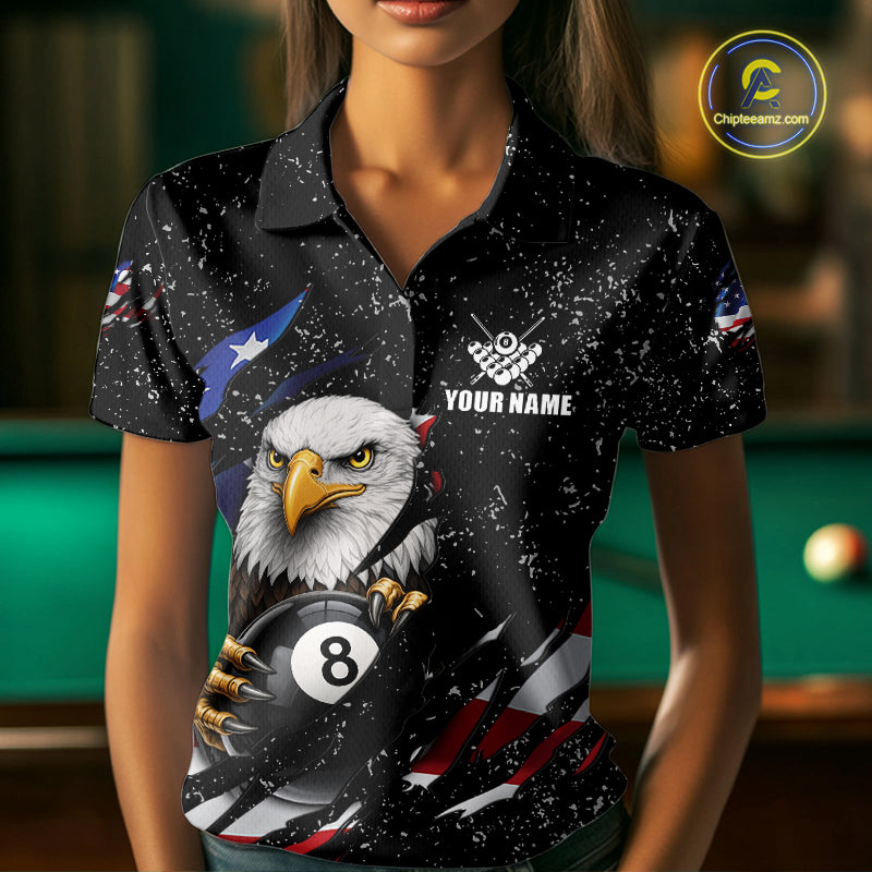 Black Grunge US Flag Eagle Billiard Shirt For Women Custom 8 Ball Pool Team Jersey Polo & 1/4 Zip TDM6404