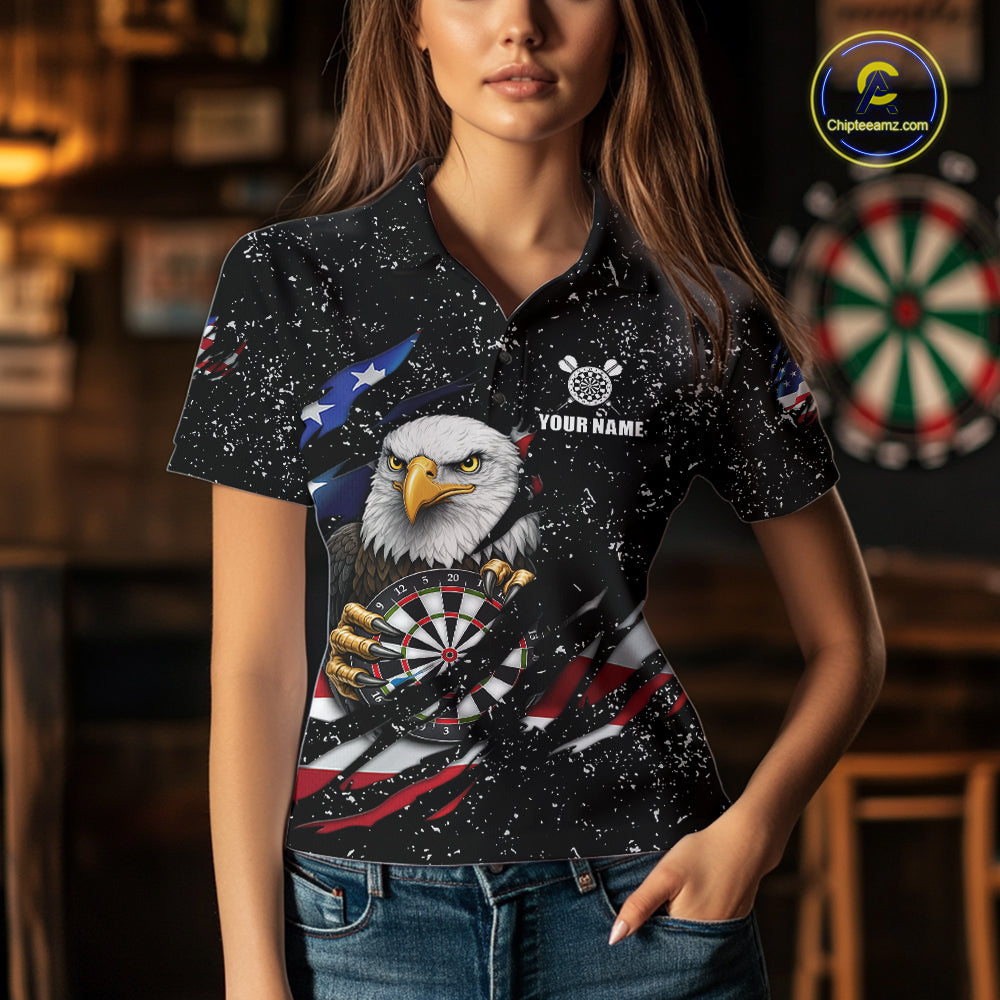 Custom Eagle Darts Jersey For Women, Black Grunge American Flag Patriotic Darts Shirt Polo & 1/4 Zip TDM6405