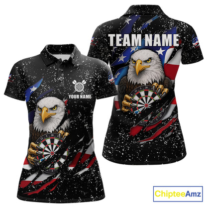 Custom Eagle Darts Jersey For Women, Black Grunge American Flag Patriotic Darts Shirt Polo & 1/4 Zip TDM6405