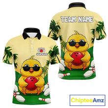 Load image into Gallery viewer, Polo shirt with a cartoon chick holding a bowling ball and sunglasses.