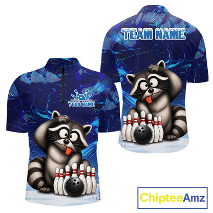Personalized Blue Funny Raccoon Bowling Shirt For Men Custom Bowling Team Jersey Polo & 1/4 Zip TDM6594