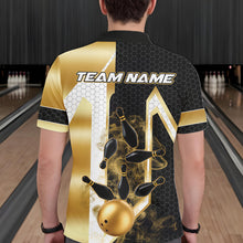 Load image into Gallery viewer, Back view of man wearing a black and gold smoke bowling pin bowling polo shirt, custom bowling team jersey design.