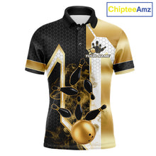 Load image into Gallery viewer, Black and gold smoke bowling pin custom bowling polo shirt for men, personalized bowling team jersey for league tournaments.