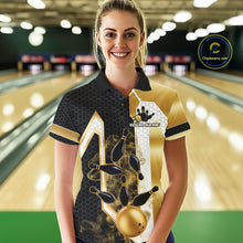 Load image into Gallery viewer, Woman wearing a black and gold smoke bowling pin bowling polo shirt front view, custom bowling league jersey for women.