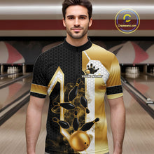 Load image into Gallery viewer, Man wearing a black and gold smoke bowling pin quarter zip bowling shirt front view, personalized bowling team apparel.