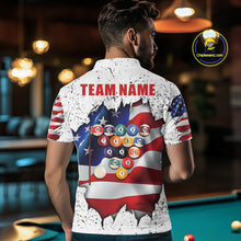 Load image into Gallery viewer, Back view of man wearing a white grunge American flag 8 ball billiard team jersey, custom pool tournament shirt.