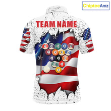 Load image into Gallery viewer, White grunge American flag 8 ball pool team polo shirt with custom billiard graphics, personalized billiard team jersey.