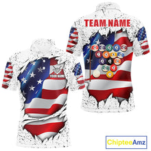 Load image into Gallery viewer, White grunge American flag 8 ball custom billiard polo shirt for men, personalized pool team jersey for tournaments.