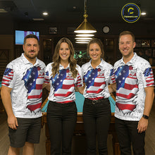 Load image into Gallery viewer, Pool team wearing matching white grunge American flag 8 ball custom billiard jerseys during tournament competition front view.