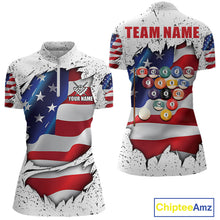Load image into Gallery viewer, White grunge American flag 8 ball quarter zip billiard shirt for women, custom pool team jersey and tournament apparel.