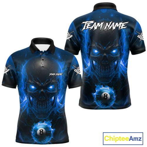Personalized Blue Billiard Skull Fire 8 Ball Pool Shirt For Men Custom Billiard Team Jersey TDM5079