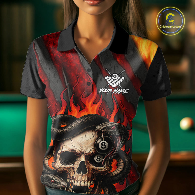 Personalized Skull And Snakes Flame Billiard Shirt For Women Custom 8 Ball Pool Team Jersey |Red TDM5084