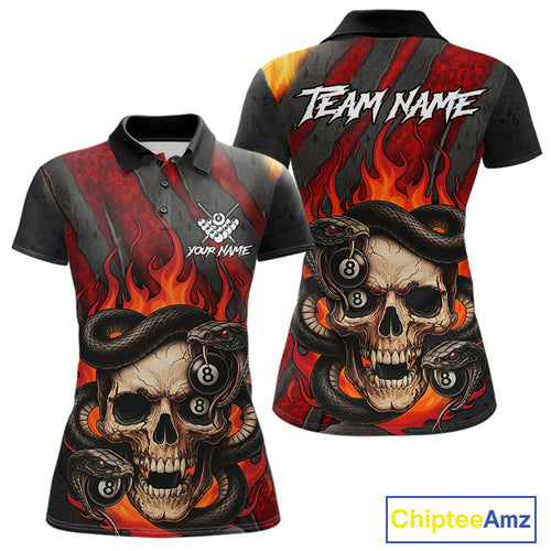 Personalized Skull And Snakes Flame Billiard Shirt For Women Custom 8 Ball Pool Team Jersey |Red TDM5084