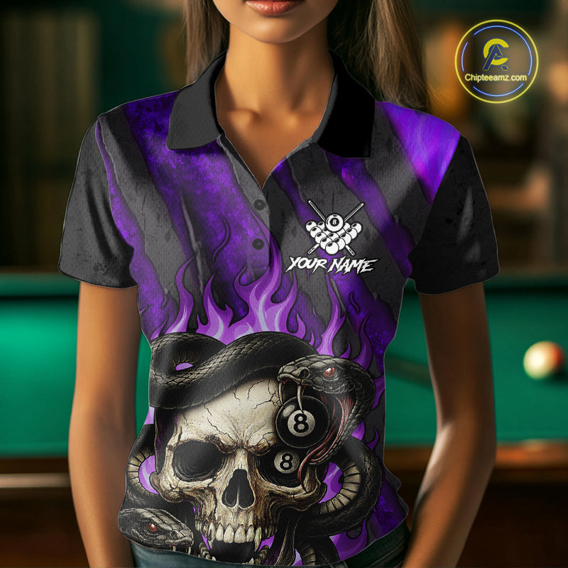 Personalized Skull And Snakes Flame Billiard Shirt For Women Custom 8 Ball Pool Team Jersey |Purple TDM5086