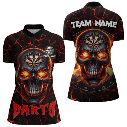 Personalized Red Dartboard Skull Fire Crack Dart Shirts Polo & 1/4 Zip For Women Custom Dart Jerseys TDM3641