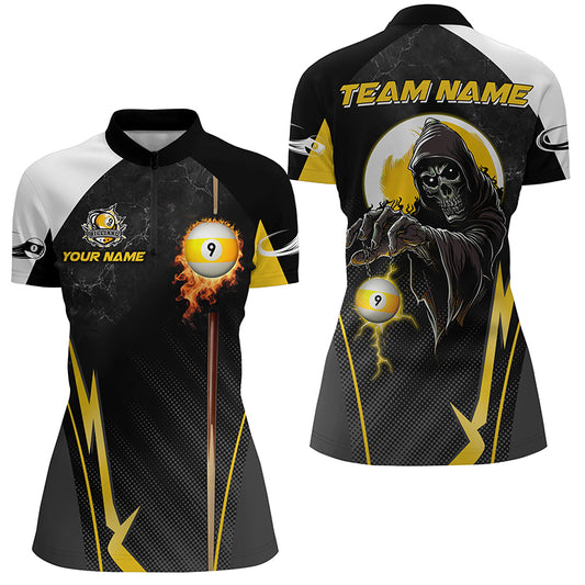 Funny Grim Reaper Ball 9 Fire Custom Women Quarter-Zip Shirts, 9 Ball Billiard Jersey TDM1314
