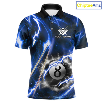 Blue 8 Ball Thunder Lightning Billiard Shirt For Men Custom Pool Team Jersey Polo & Quarter Zip TDM6170