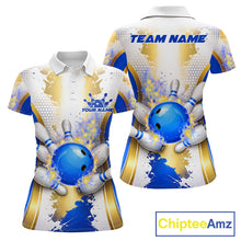 Load image into Gallery viewer, Bowling Ball Splatter Custom White, Blue &amp; Gold Women's Bowling Shirt, Bowling Jersey Polo &amp; 1/4 Zip TDM6178
