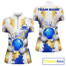 Load image into Gallery viewer, Bowling Ball Splatter Custom White, Blue &amp; Gold Women's Bowling Shirt, Bowling Jersey Polo &amp; 1/4 Zip TDM6178
