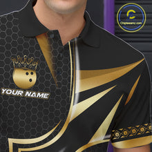 Load image into Gallery viewer, Close up of collar, chest and button details on a black and gold bowling ball men's bowling polo shirt.