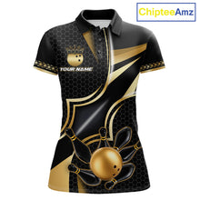 Load image into Gallery viewer, Black and gold bowling ball custom bowling polo shirt for women, personalized bowling team jersey for league tournaments.