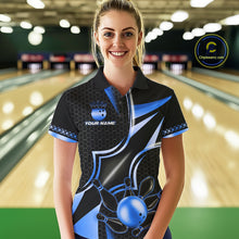 Load image into Gallery viewer, Woman wearing a black and blue bowling ball bowling polo shirt front view, custom bowling league jersey for women.