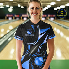 Load image into Gallery viewer, Woman wearing a black and blue bowling ball quarter zip bowling shirt front view, personalized bowling team apparel.