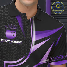 Load image into Gallery viewer, Close up of collar, chest and button details on a black and purple men's bowling polo shirt.