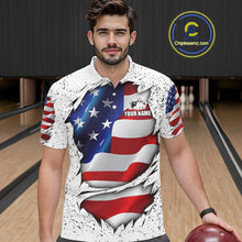 Load image into Gallery viewer, Man wearing a white grunge American flag bowling polo shirt front view, custom bowling league jersey for men.