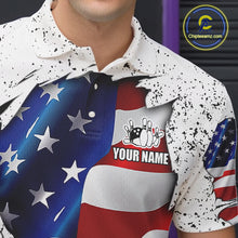 Load image into Gallery viewer, Close up of collar, chest and button details on a white grunge American flag men's bowling polo shirt.