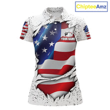 Load image into Gallery viewer, White grunge American flag custom bowling polo shirt for women, patriotic bowling team jersey for league tournaments.