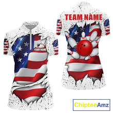 Load image into Gallery viewer, White grunge American flag quarter zip bowling shirt for women, custom bowling team jersey and tournament apparel.