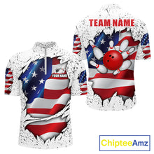 Load image into Gallery viewer, White grunge American flag quarter zip bowling shirt for men, custom bowling team jersey and tournament apparel.