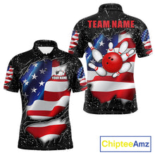 Load image into Gallery viewer, Black grunge American flag custom bowling polo shirt for men, patriotic bowling team jersey for league tournaments.