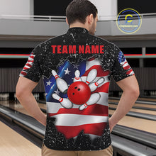 Load image into Gallery viewer, Back view of man wearing a black grunge American flag quarter zip bowling shirt, bowling league team uniform.