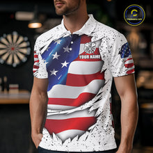 Load image into Gallery viewer, Man wearing a white grunge American flag darts jersey front view, personalized patriotic darts team shirt.