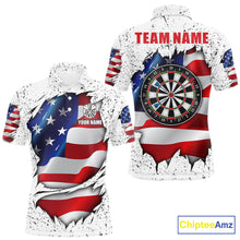 Load image into Gallery viewer, White grunge American flag custom darts polo shirt for men, patriotic darts team jersey for league tournaments.